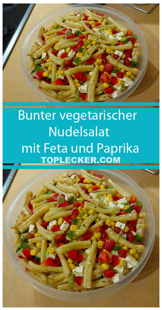 Bunter vegetarischer Nudelsalat mit Feta und Paprika