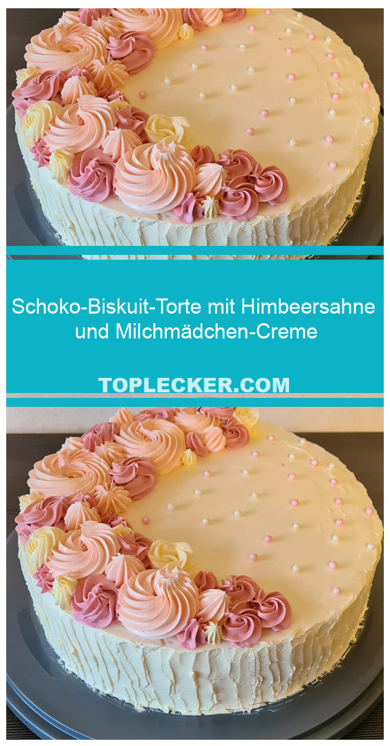Schoko-Biskuit-Torte mit Himbeersahne und Milchmädchen-Creme